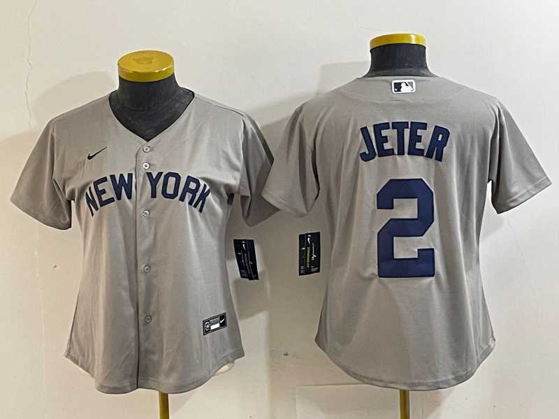 Women%27s New York Yankees #2 Derek Jeter Name 2021 Grey Field of Dreams Cool Base Stitched Jersey->mlb womens jerseys->MLB Jersey